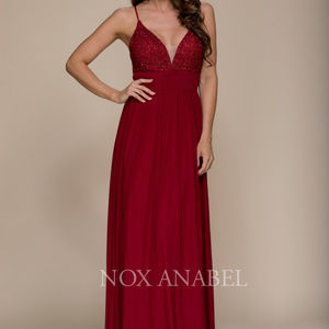 Cross Back Deep V-Neck Burgundy Long Dress NXA070